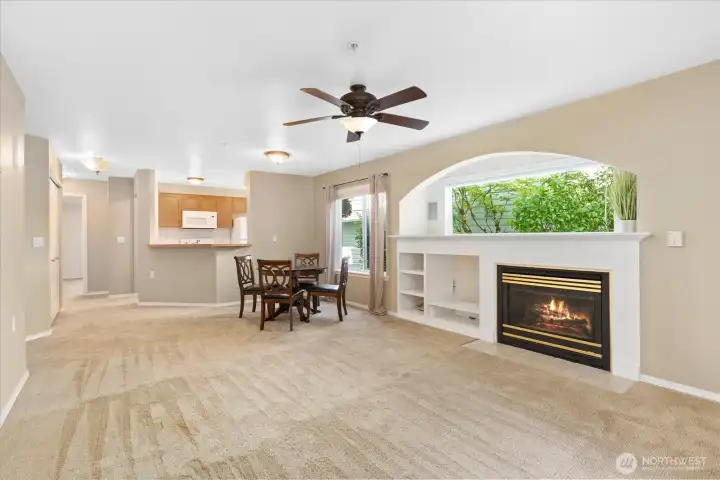 Here you can see just how open and spacious the floor plan is. [Fireplace shown with virtual flames for illustrative purposes only.]