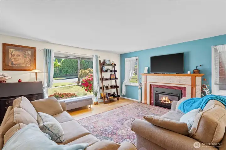 Living Room w/Wood-Burning Fireplace, Original Wood Floors
