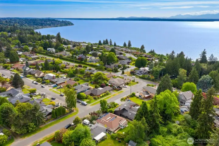 Drone shot of home and Puget Sound