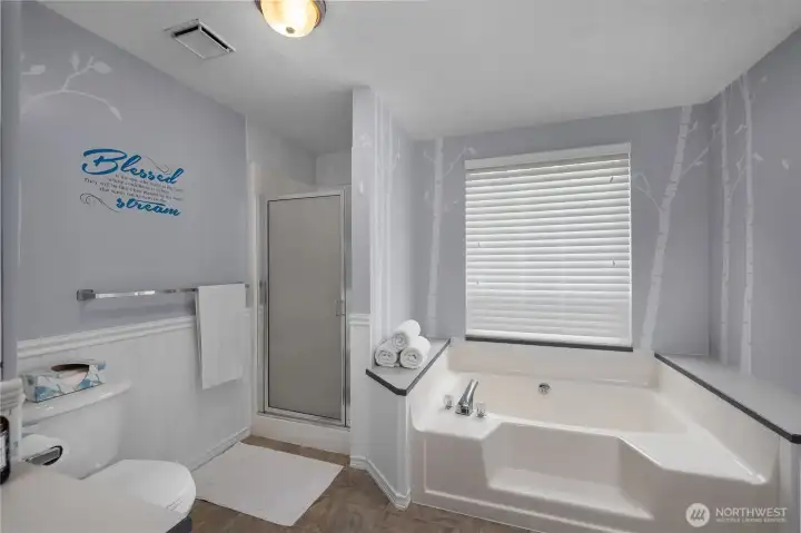 The well-appointed primary bath combines functionality and comfort with a soaking tub and separate shower enclosure The well-appointed primary bath combines functionality and comfort with a soaking tub and separate shower enclosure