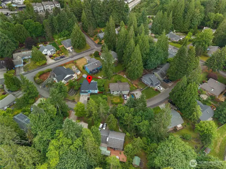 Aerial perspective captures the home's prime location amid lush greenery, winding neighborhood streets, and attractive neighboring homes Aerial perspective captures the home's prime location amid lush greenery, winding neighborhood streets, and attractive neighboring homes