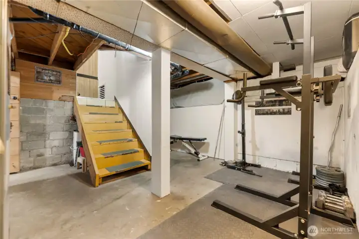 Partially finished basement leveraged as a home gym Partially finished basement leveraged as a home gym