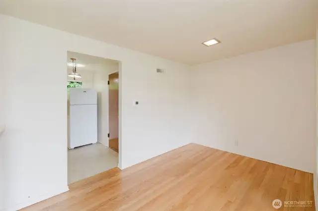 Dining area behind the built in glass block