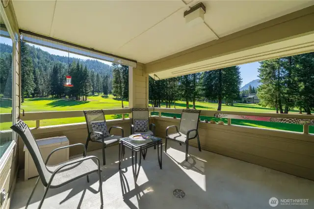 Amazing Dirtyface Peak views from your covered deck overlooking the golf course. Green and lush, and  maintained by someone other than you!
