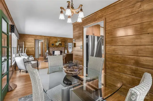 Dining room with classic light fixture.
