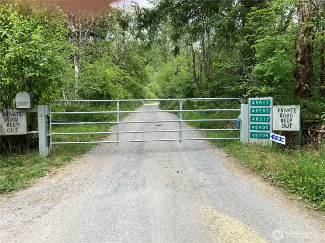 in 1.4 miles you come to the locked gate. The keybox with the code in it is on the right side of the gate. The mailbox with the keypad is on the left side of the gate. Please lock the card with the code on it back in the keybox and close it.