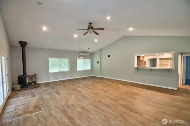 Large family room with wood stove