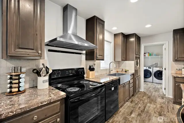 Range with modern stainless steel hood.
