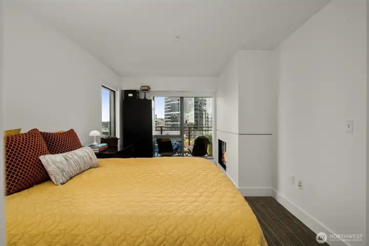 Bedroom has a view plus the gas fireplace