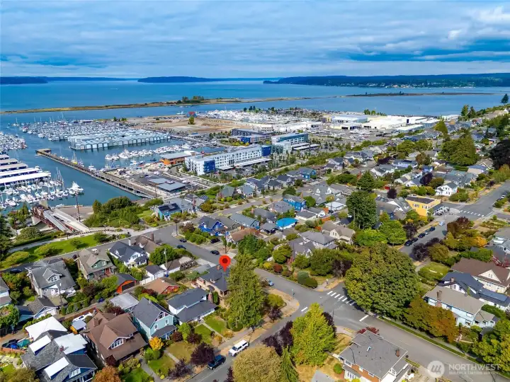 Aerial view of the North Everett neighborhood with Puget Sound, Jetty Island, and the marina in the background — showcasing the home's prime waterfront-adjacent location.