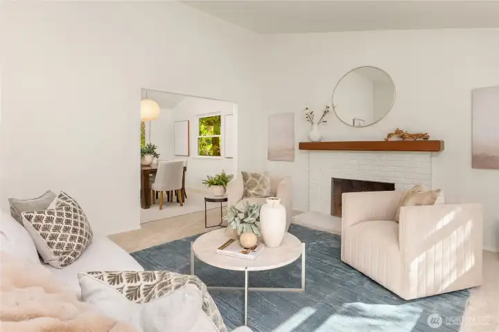 The main living room and wood-burning fireplace at center stage.