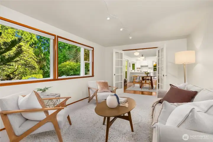 French doors separate the views from the Den towards the great room and kitchen.