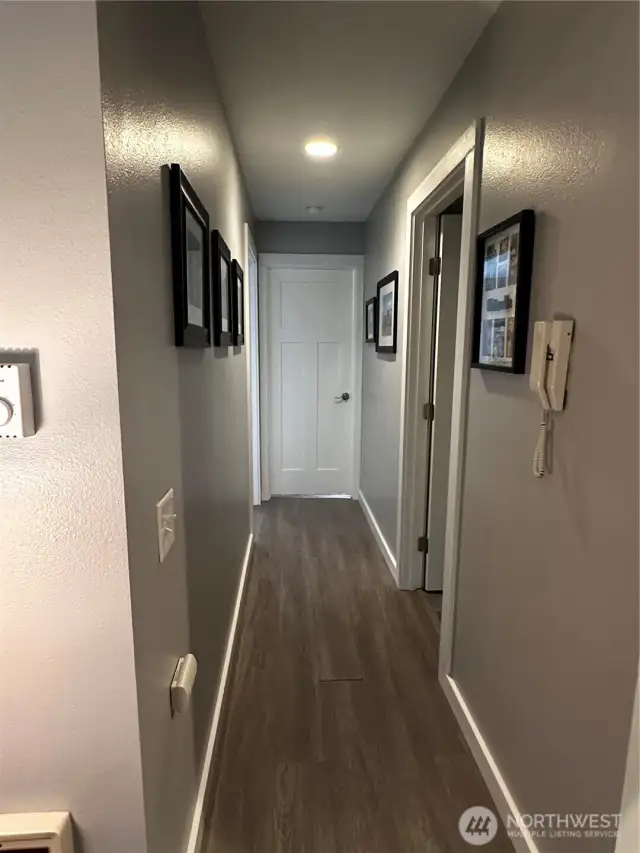 The hallway from the living space to bedrooms and baths