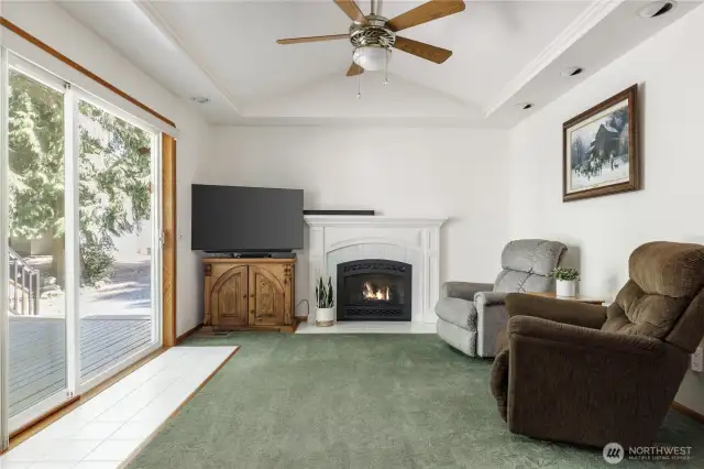 Family room/Den with gas fireplace and view to the entertaining deck