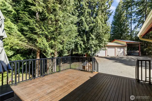 Back deck with a view of the shop and driveway