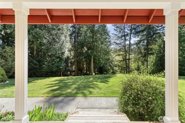 Sunny view from the front door overlooking the front lawn, garden beds and trees