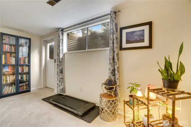 The basement flex room, doubling as a stylish office, boasts convenient outdoor access, perfect for a creative workspace or chill hangout spot with a modern edge.