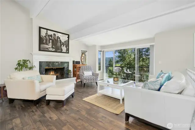 Vaulted ceiling and wood fireplace.