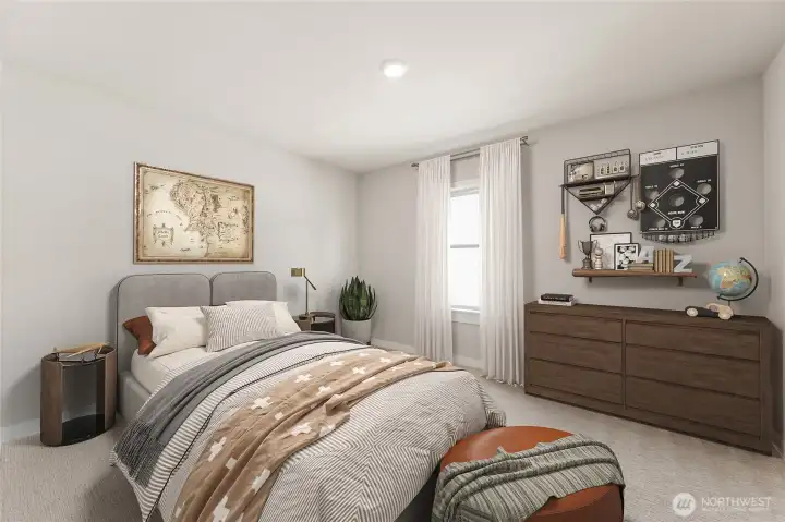 Secondary upstairs bedroom + walk in closet - virtually staged, showing similar plan.