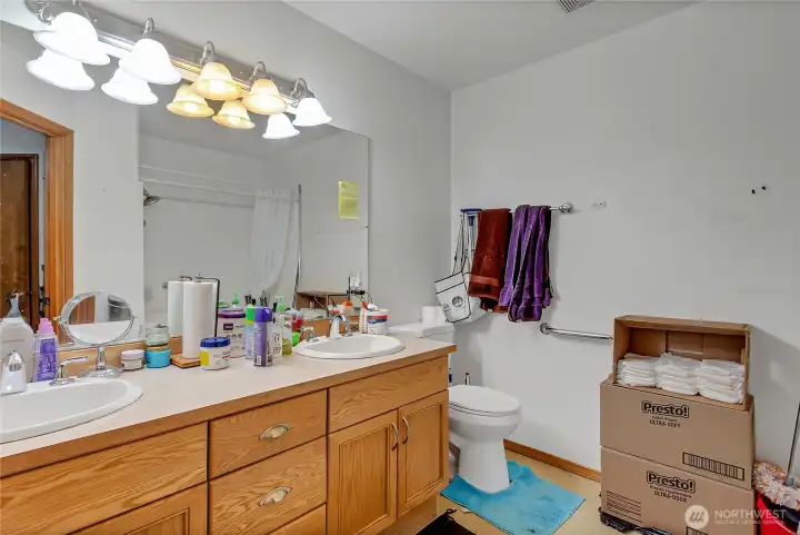 The primary bathroom has plenty of light, cupboards and counterspace