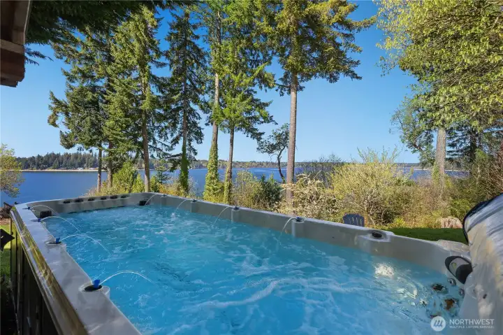 Unwind in the swim spa while enjoying the natural beauty of the waterfront backdrop. Unwind in the swim spa while enjoying the natural beauty of the waterfront backdrop.