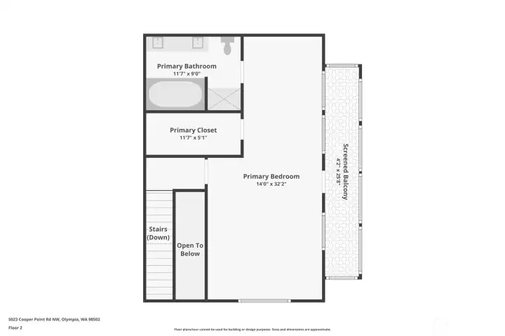 Floorplan image of the upper level with primary suite, bath, closet, and screened balcony. Floorplan image of the upper level with primary suite, bath, closet, and screened balcony.