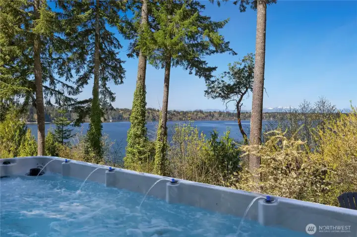 Spa-side view overlooking Eld Inlet, surrounding shoreline, and distant mountain views. Spa-side view overlooking Eld Inlet, surrounding shoreline, and distant mountain views.