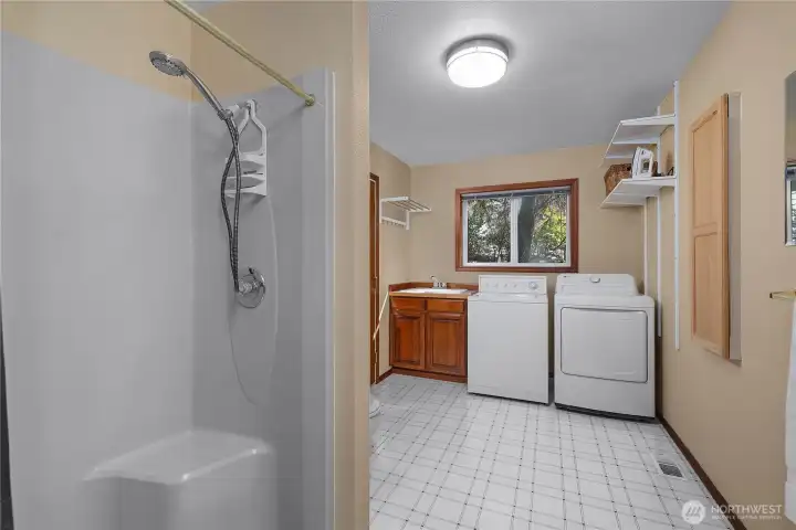 Main Floor 3/4 Ba and Laundry/Mud room - Utility room includes shower, sink, washer, dryer, and additional function. Main Floor 3/4 Ba and Laundry/Mud room - Utility room includes shower, sink, washer, dryer, and additional function.