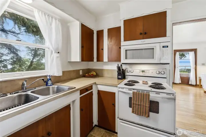 The kitchen with pretty views beyond.