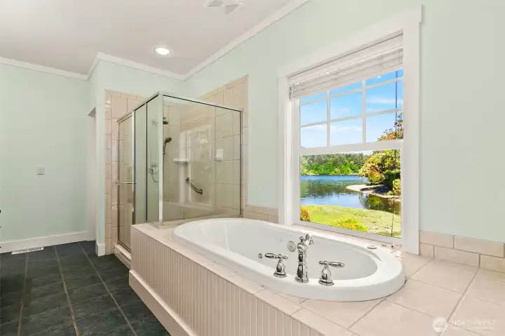 primary bath tub, shower and private toilet area w views primary bath tub, shower and private toilet area w views