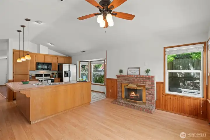 Open design with vaulted ceiling.