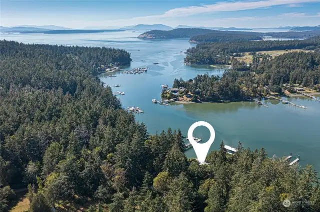 The location of the home on Mitchell bay. Open Bay, Henry Island, Haro Strait and Vancouver Island in the distance.