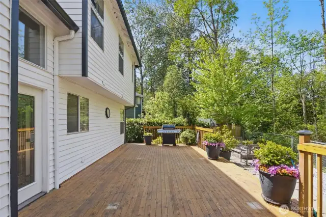 Large, spacious deck with a greenbelt backdrop.