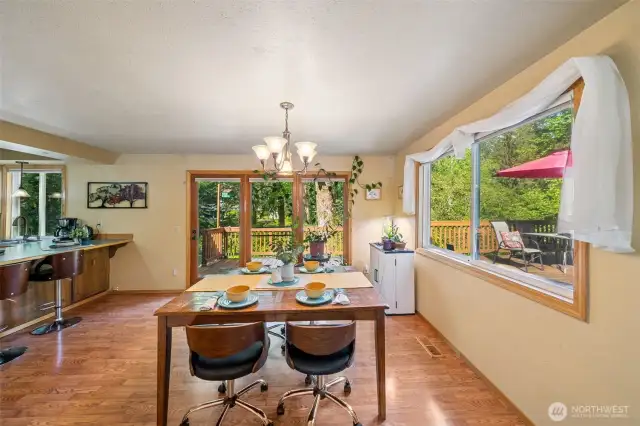 Pretty view windows gaze at the woodland wonderland surrounding the home.  Rich tone wood laminate floors flow through the main level living spaces and in the lower family room.