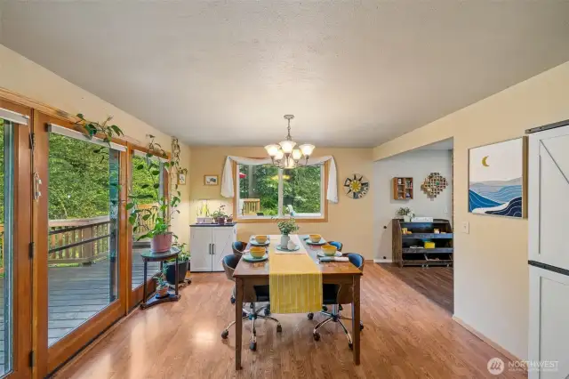 The dinning/flex space off the kitchen can serve as a great room space with many versions of furniture layout.  Plenty of space for reading chairs and a smaller dinning set.  View windows invite the outdoors in.