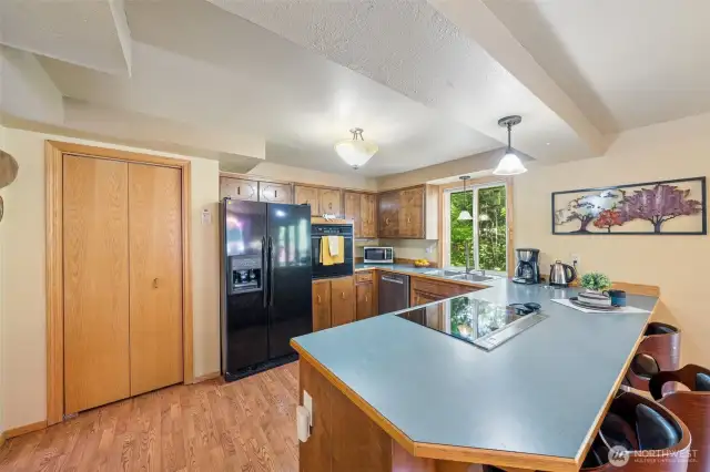 The large pantry closet with multiple shelves enhances kitchen storage space while the newer Bosch dishwasher is ready for clean up and runs "whisper" quiet.  Wall oven and refrigerator all included.