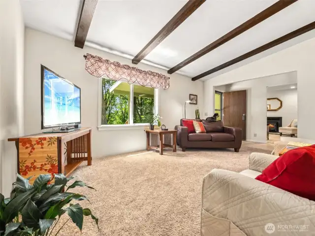 View of the Family Room entry and a peek into the Living Room with cozy wood stove. (Yes...that IS a real dog on the sofa! Little Ghillie is super sweet and sadly won't stay with the property - haha!)