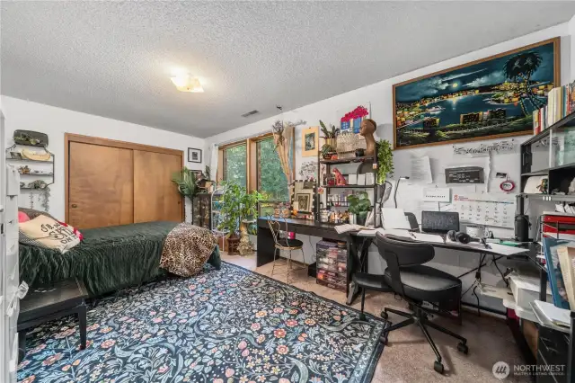This inviting bedroom on lower level features a spacious layout with a large window that fills the room with natural light. The built-in closet offers ample storage, while the versatile floor plan provides space for both a comfortable sleeping area and a functional work-from-home setup