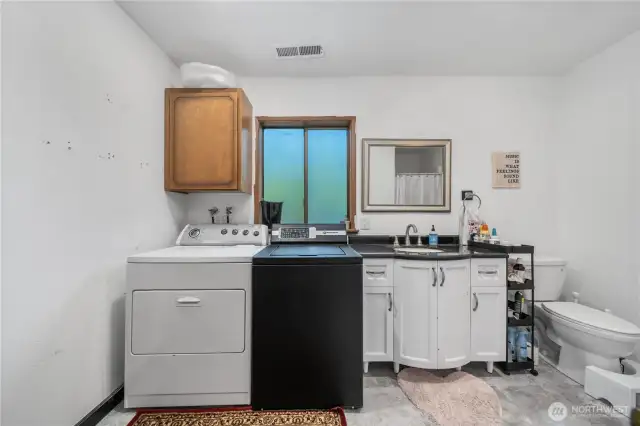 This combined space offers convenience and functionality with a washer and dryer set, upper cabinet storage, and a utility sink built into a curved white vanity. A large window provides natural light, while the adjacent toilet makes this a practical multi-use area on the lower level.