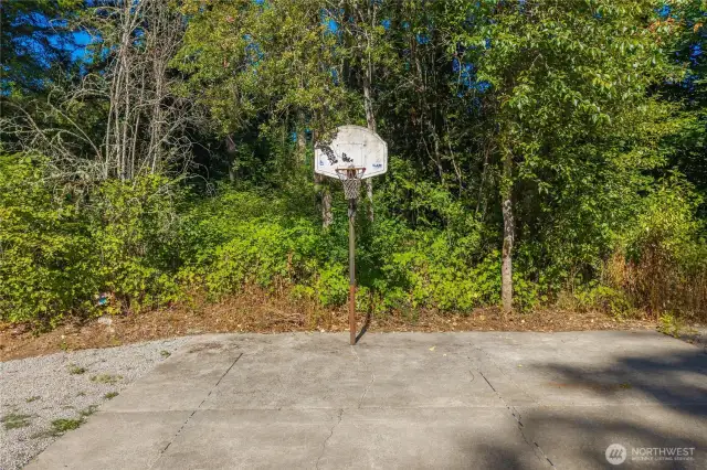 A dedicated basketball hoop and paved court provide a great space for outdoor fun, whether it’s a quick game, shooting practice, or an active break in the fresh air. Surrounded by lush greenery, it’s an ideal spot for both recreation and relaxation.