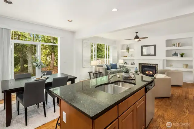 Kitchen open to dining and living space.