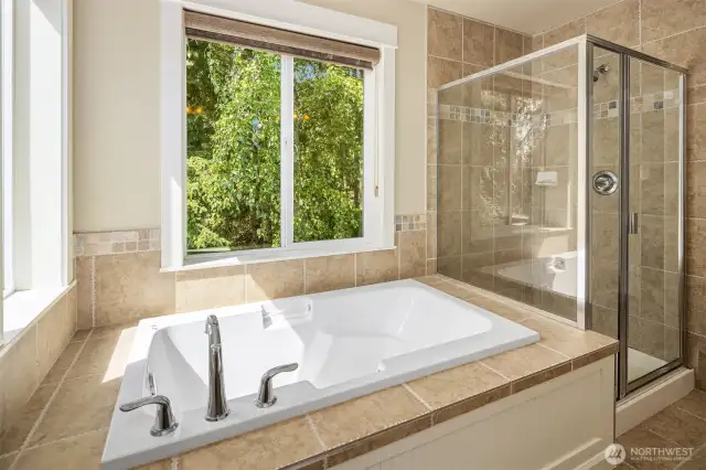 Bathtub & shower in primary bathroom.