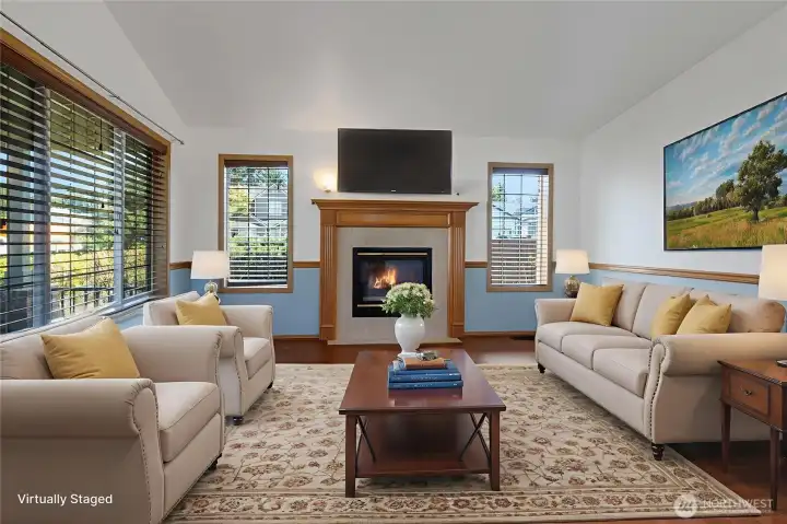 Living room with gas fireplace and great natural light