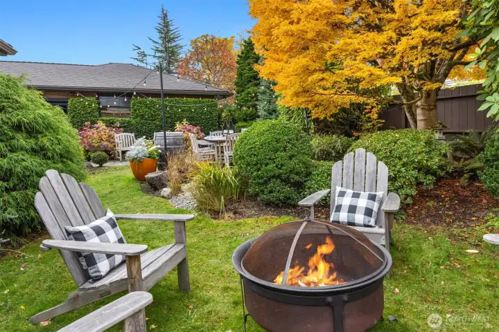 Firepit and pond in back yard