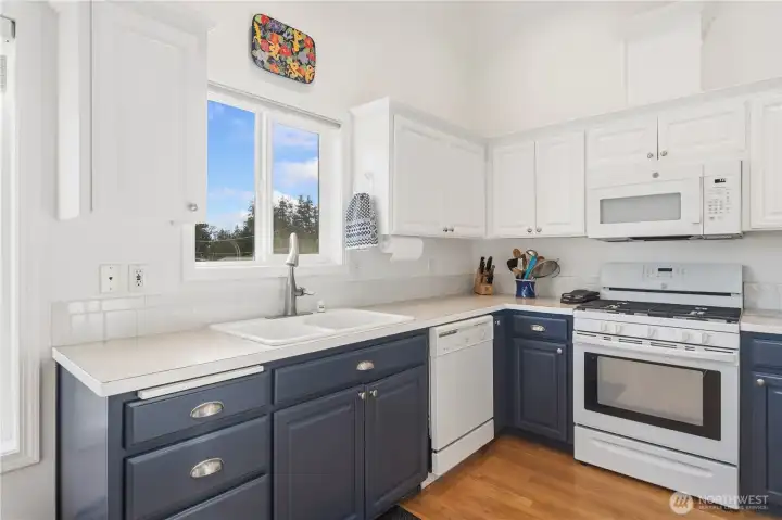 Functionally simple U-shaped kitchen has a gas range. All appliances except the dishwasher have been replaced.