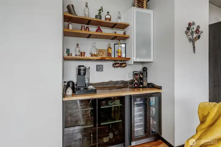 Wet bar in the living room is perfect-love the beverage refrigerator!