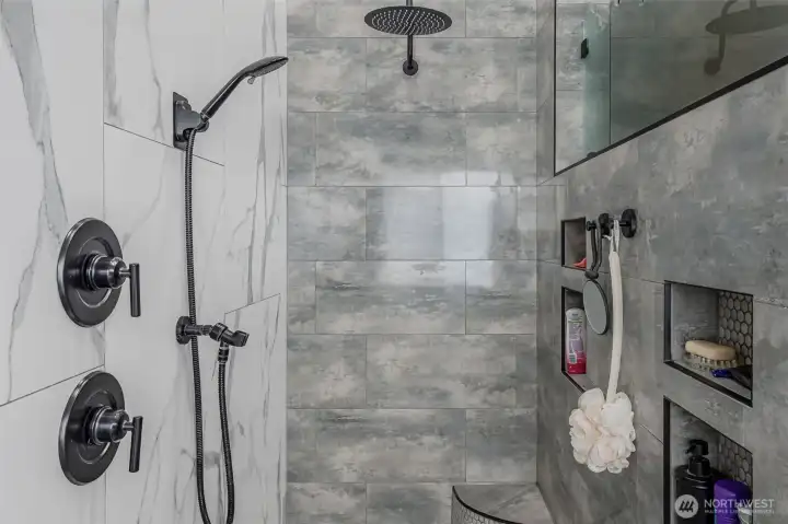 Rain shower head and hand held makes showering perfect!  You'll love the well water!