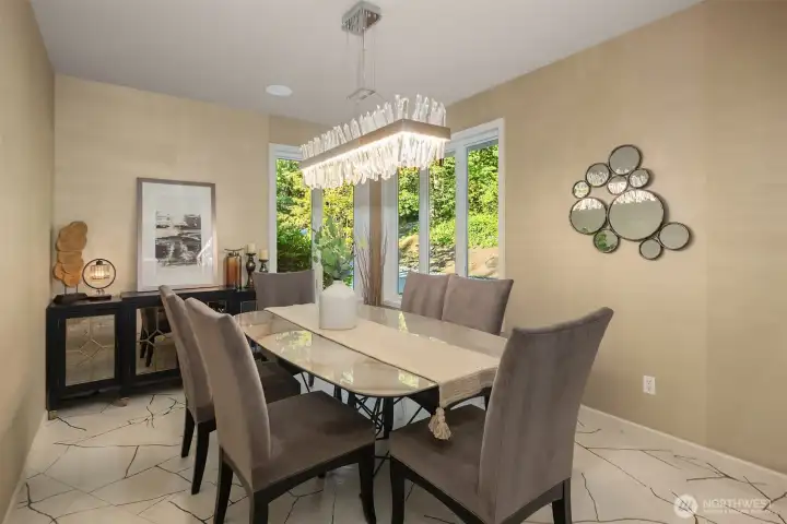 Renovated dining room with refined finishes and an elegant, modern feel.