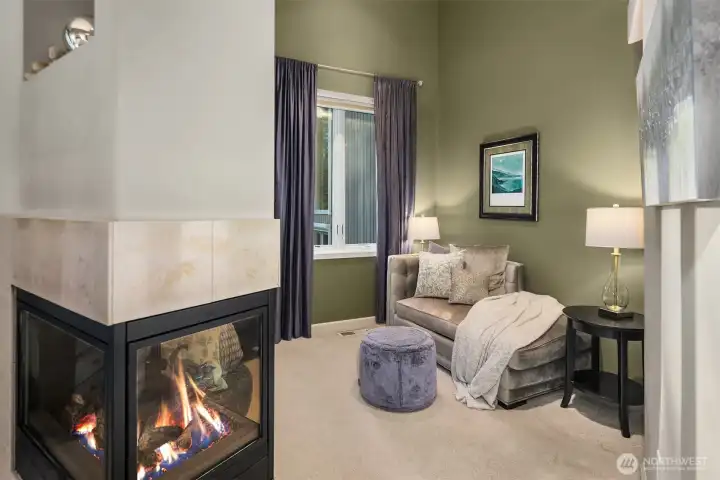 Cozy gas fireplace and seating area