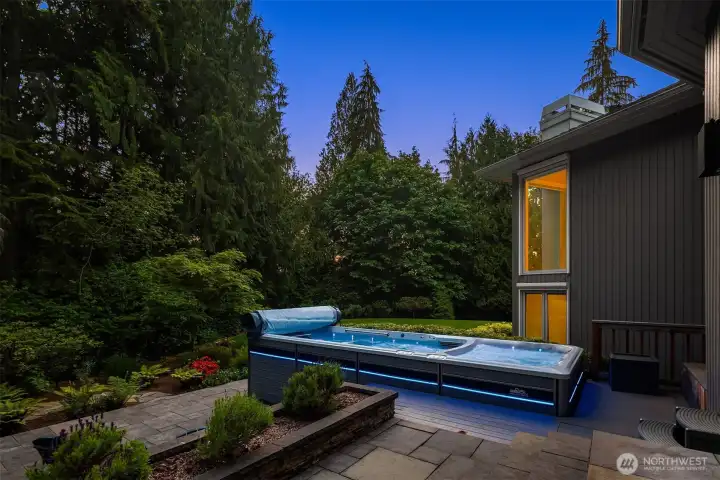 Swim spa offers the perfect setting for relaxation or exercise, day or night.